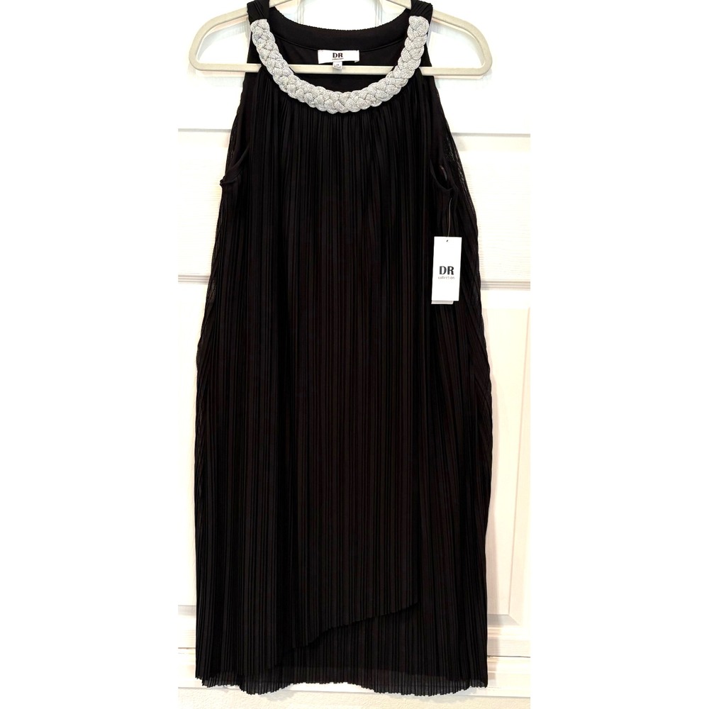 DR Collection Black Pleated Sleeveless Dress Size 18 Silver‎ Braided Collar NWT!